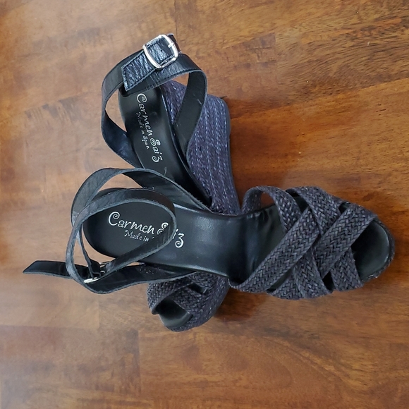 Carmen Saiz navy leather platform size 37 wedge sandals - Picture 1 of 8